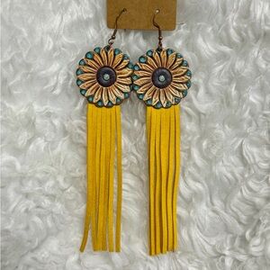 Yellow Sunflower Leather Tassel Earrings
